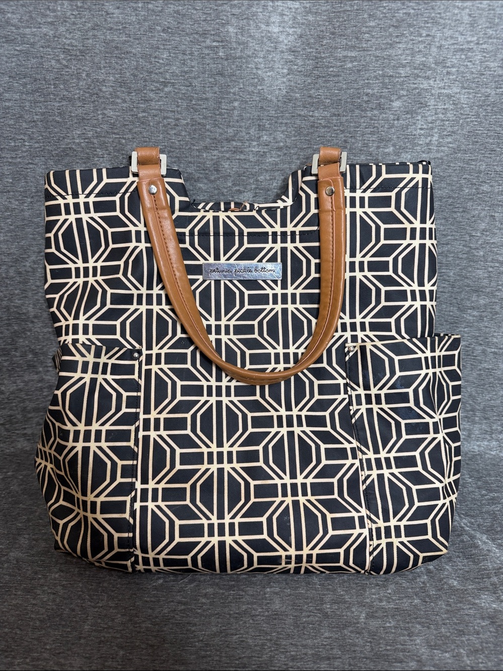 Petunia Pickle Bottom Black and Cream Geometric Tote with Tan Handles